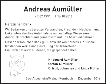 Traueranzeige von Andreas Aumüller von Trauerportal Rhein Main Presse