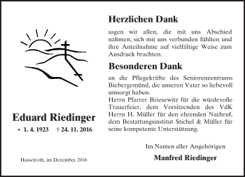 Traueranzeige von Eduard Riedinger von  Gelnhäuser Tageblatt