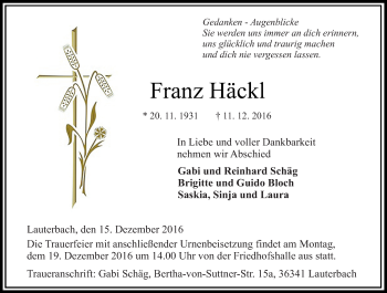 Traueranzeige von Franz Häckl von VRM Trauer
