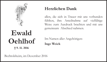 Traueranzeige von Ewald Oehlhof von Trauerportal Rhein Main Presse