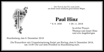 Traueranzeige von Paul Hinz von  Gießener Anzeiger