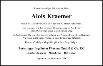 Traueranzeige von Alois Kraemer von Trauerportal Rhein Main Presse