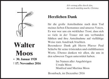 Traueranzeige von Walter Moos von  Usinger Anzeiger