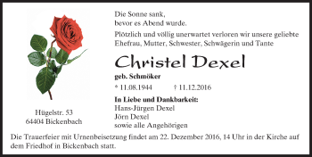 Traueranzeige von Christel Dexel von Trauerportal Echo Online