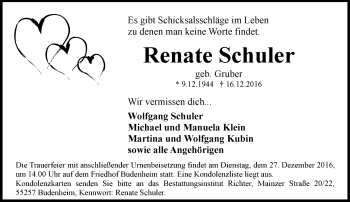 Traueranzeige von Renate Schuler von Trauerportal Rhein Main Presse
