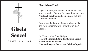 Traueranzeige von Gisela Senzel von  Gelnhäuser Tageblatt