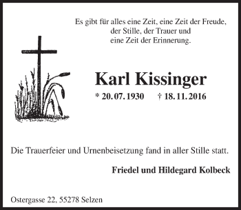 Traueranzeige von Karl Kissinger von Trauerportal Rhein Main Presse