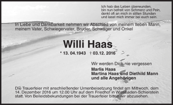Traueranzeige von Willi Haas von Trauerportal Rhein Main Presse