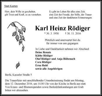 Traueranzeige von Karl Heinz Rödiger von VRM Trauer