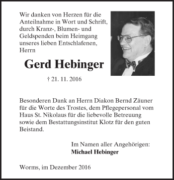 Traueranzeige von Gerd Hebinger von Trauerportal Rhein Main Presse