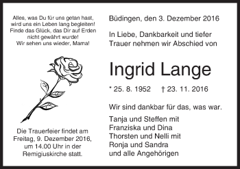 Traueranzeige von Ingrid Lange von  Kreisanzeiger