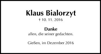 Traueranzeige von Klaus Bialorzyt von  Gießener Anzeiger