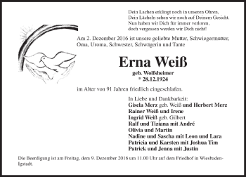 Traueranzeige von Erna Weiß von Trauerportal Rhein Main Presse