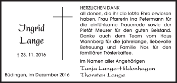 Traueranzeige von Ingrid Lange von  Kreisanzeiger