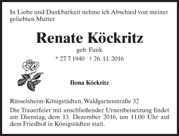 Traueranzeige von Renate Köckritz von Trauerportal Rhein Main Presse