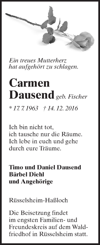 Traueranzeige von Carmen Dausend von Trauerportal Rhein Main Presse