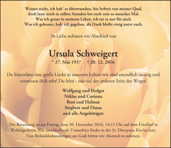Traueranzeige von Ursula Schweigert von Trauerportal Rhein Main Presse