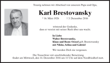 Traueranzeige von Karl Brestovansky von Trauerportal Rhein Main Presse