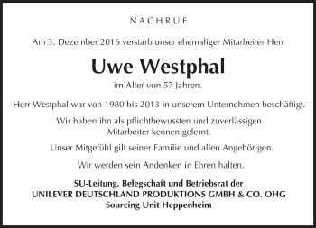 Traueranzeige von Uwe Westphal von Trauerportal Echo Online