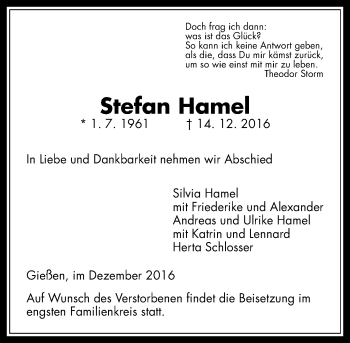 Traueranzeige von Stefan Hamel von  Gießener Anzeiger