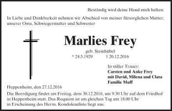 Traueranzeige von Marlies Frey von Trauerportal Echo Online