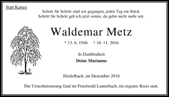 Traueranzeige von Waldemar Metz von VRM Trauer