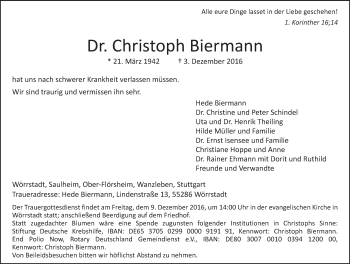 Traueranzeige von Christoph Biermann von Trauerportal Rhein Main Presse