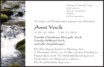 Traueranzeige von Anni Vock von Trauerportal Echo Online