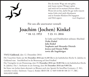 Traueranzeige von Joachim Kinkel von Trauerportal Rhein Main Presse