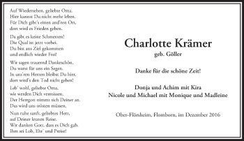 Traueranzeige von Charlotte Krämer von Trauerportal Rhein Main Presse