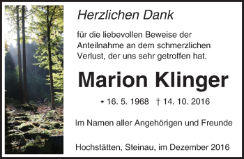 Traueranzeige von Marion Klinger von Trauerportal Echo Online