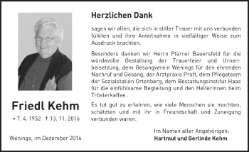 Traueranzeige von Friedl Kehm von  Kreisanzeiger