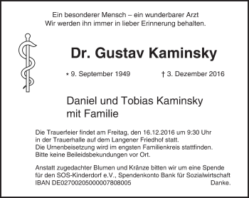 Traueranzeige von Gustav Kaminsky von Trauerportal Echo Online