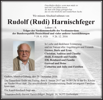 Traueranzeige von Rudolf Harnischfeger von VRM Trauer