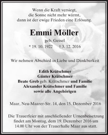Traueranzeige von Emmi Möller von VRM Trauer