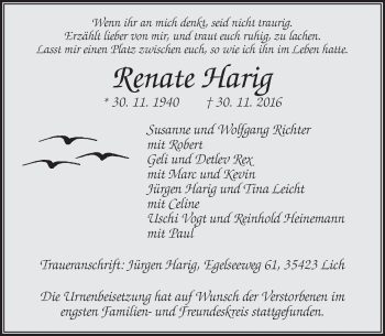 Traueranzeige von Renate Harig von  Gießener Anzeiger