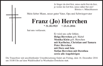 Traueranzeige von Franz  Herrchen von Trauerportal Rhein Main Presse