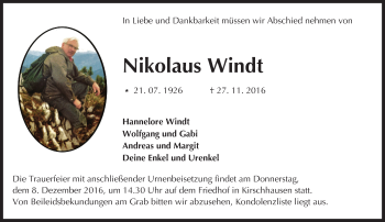 Traueranzeige von Nikolaus Windt von Trauerportal Echo Online