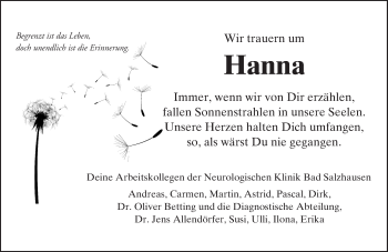 Traueranzeige von Hanna  von  Kreisanzeiger