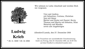 Traueranzeige von Ludwig Krieb von  Gießener Anzeiger