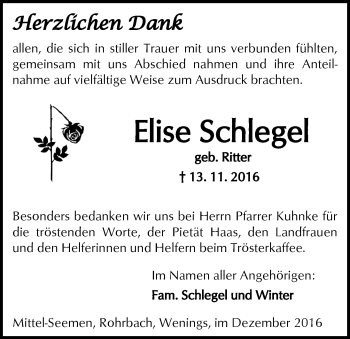 Traueranzeige von Elise Schlegel von  Kreisanzeiger