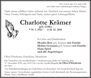 Traueranzeige von Charlotte Krämer von Trauerportal Rhein Main Presse