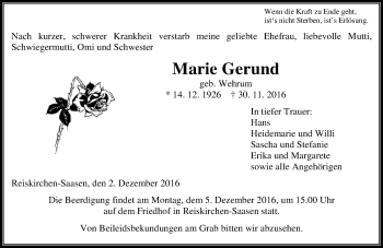 Traueranzeige von Marie Gerund von  Gießener Anzeiger