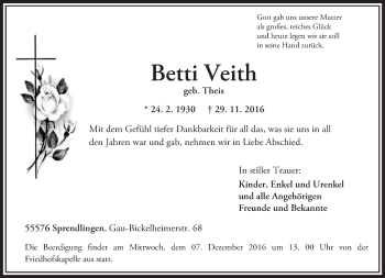 Traueranzeige von Betti Veith von Trauerportal Rhein Main Presse