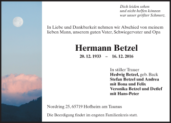 Traueranzeige von Hermann Betzel von Trauerportal Rhein Main Presse