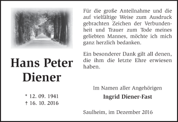 Traueranzeige von Hans Peter Diener von Trauerportal Rhein Main Presse