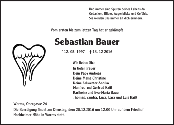 Traueranzeige von Sebastian Bauer von Trauerportal Rhein Main Presse