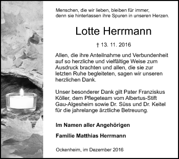 Traueranzeige von Lotte Herrmann von Trauerportal Rhein Main Presse