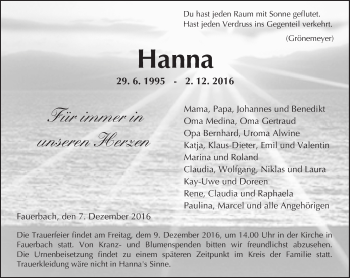 Traueranzeige von Hanna  von  Kreisanzeiger