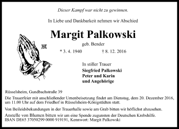 Traueranzeige von Margit Palkowski von Trauerportal Rhein Main Presse